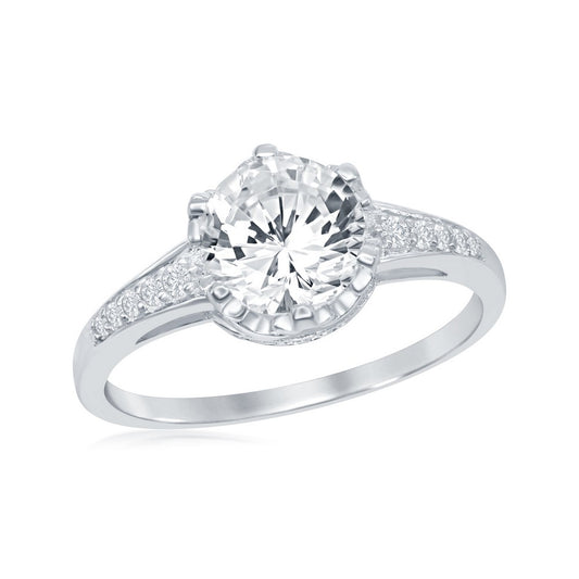 Sterling Silver Round CZ with Half CZ Border Ring
