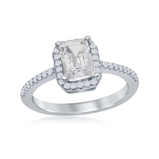 Sterling Silver Four-Prong White CZ with CZ Border Ring
