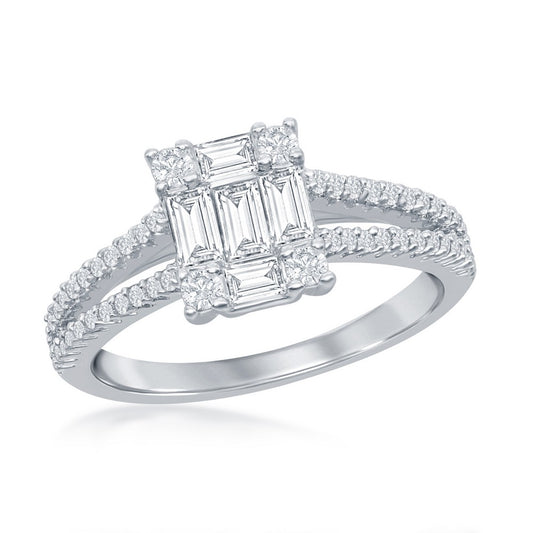 Sterling Silver Baguette CZ Emerald-Cut Open Band Engagement Ring